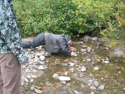 Tim drinking from a stream