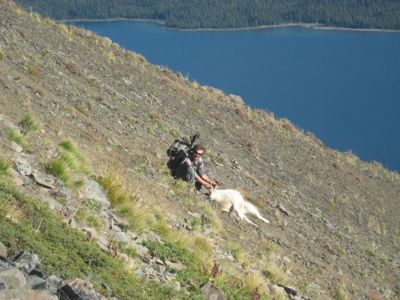 David Egli holding his mountain goat from sliding